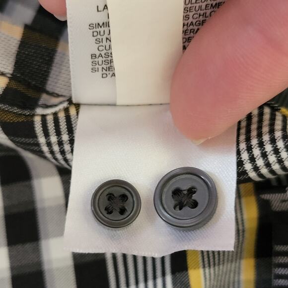 Express Men's L Plaid Button Down Long Sleeve Shirt 2 Button Cuff Blk Wht Yellow - Picture 14 of 16